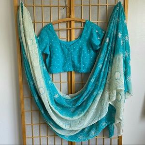 NEW Turquoise Blue Sequin Floral Polka Dot Indian Saree Sari & Blouse Large
